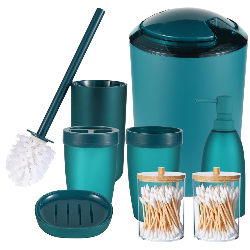 iMucci 8Pcs Blue Bathroom Accessories Set - with Trash Can Toothbrush Holder Soap Dispenser Soap and Lotion Set Tumbler Cup - Image 1